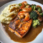 Cajun Salmon with Garlic Mashed Potatoes & Shrimp-Broccoli Saut