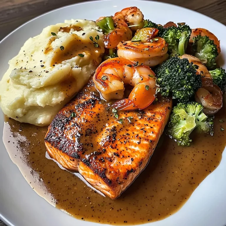 Cajun Salmon with Garlic Mashed Potatoes & Shrimp-Broccoli Saut