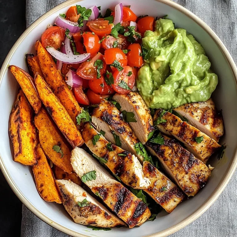 Grilled Chicken Power Bowl with Spiced Sweet Potato Wedges & Avocado Cream