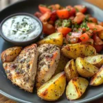 Herb Chicken with Roasted Potatoes, Tomato Salad & Yogurt Dip