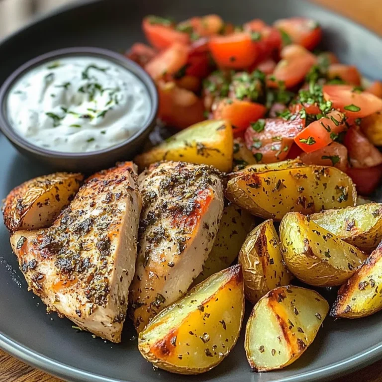Herb Chicken with Roasted Potatoes, Tomato Salad & Yogurt Dip