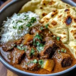 Slow-Cooked Beef Curry in Coconut Gravy with Toasted Garlic Naan