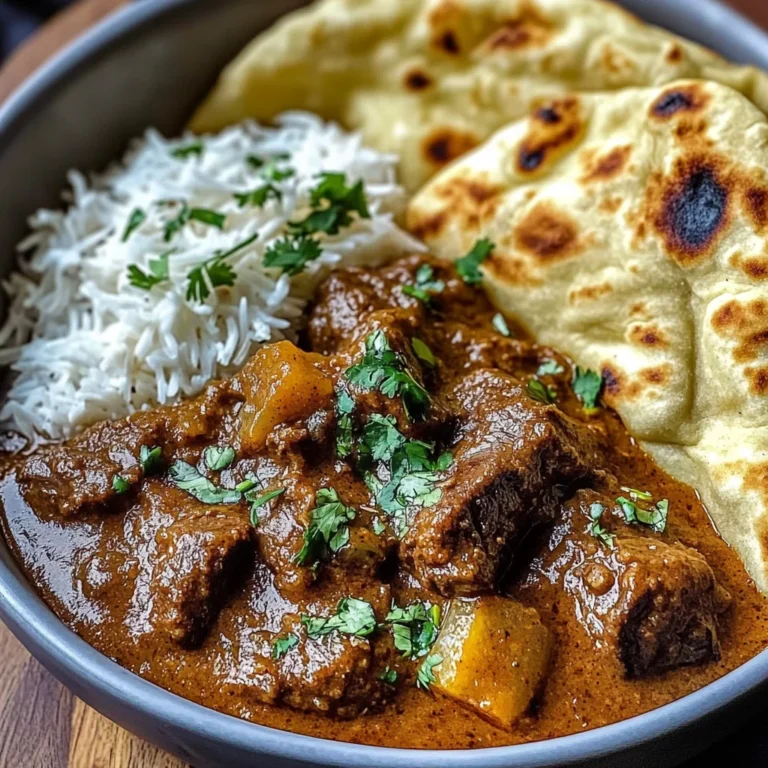 Slow-Cooked Beef Curry in Coconut Gravy with Toasted Garlic Naan