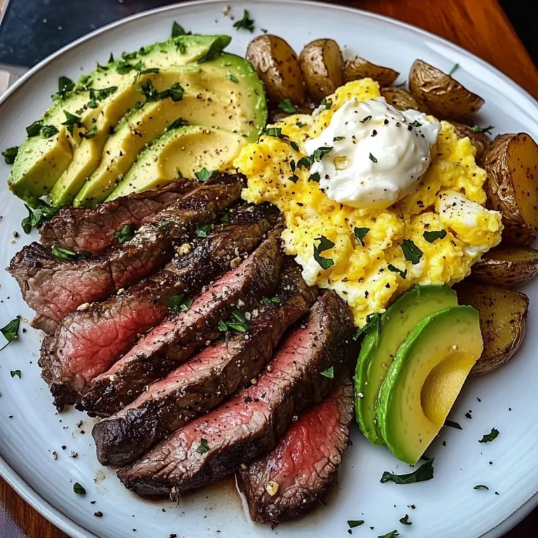 Steak, Cheesy Scrambled Eggs & Herb Potatoes