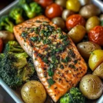 Garlic Butter Salmon with Roasted Veggies & Baby Potatoes