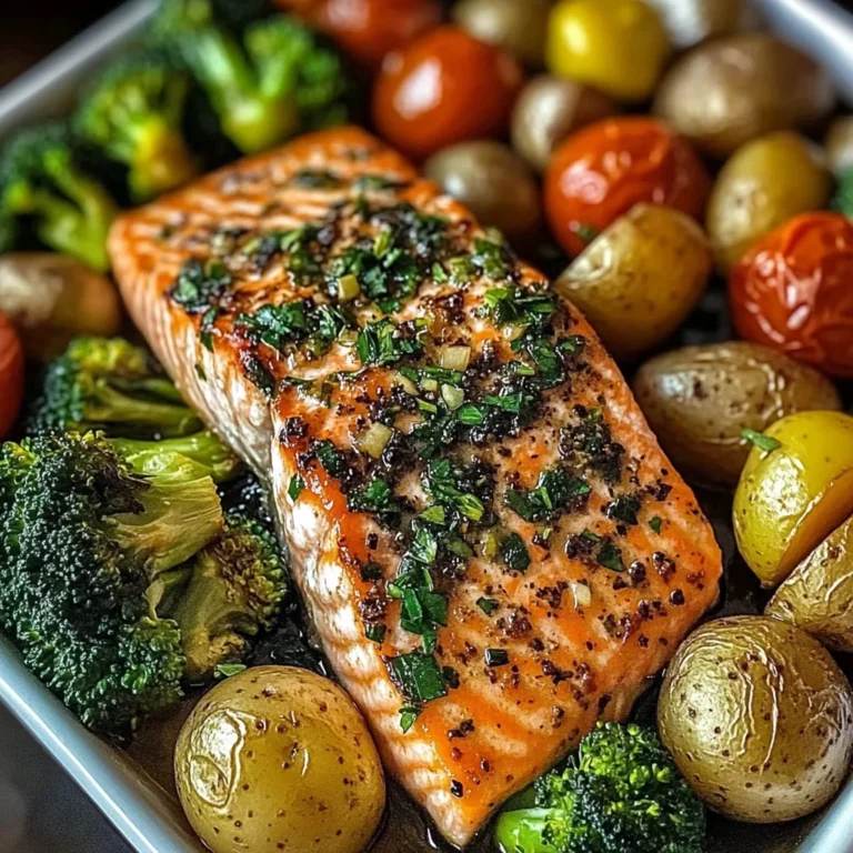 Garlic Butter Salmon with Roasted Veggies & Baby Potatoes